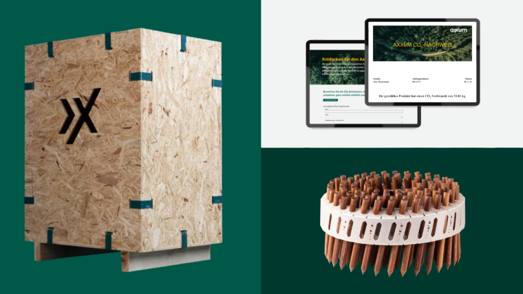 Links die kliXXkiste von AXXUM aus OSB-Platten, rechts oben zwei digitale Geräte mit dem CO2-Kalkulator von AXXUM als Bildschirmdarstellung und unten rechts eine runde Anordnung von LignoLoc® Holznägeln.