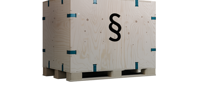 Holzkiste mit schwarzem Paragrafenzeichen auf einer Palette